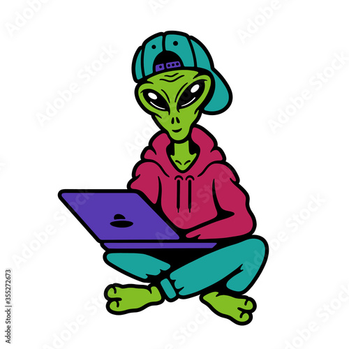 Color alien in cap on white background