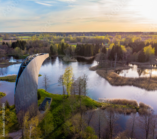 Moon shape observation tower among lakes of natural collapses in Kirkilai  Lithuania