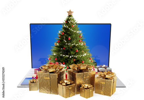 computer and christmas tree...