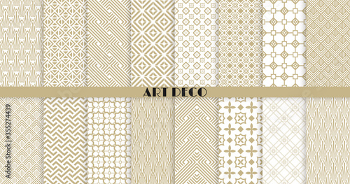 Vector Art Deco seamless patterns collection. Set of 16 geometric ornamental patterns in gold on white background. Cute trendy textures. Modern design for Wallpaper, Fabric, Website Background