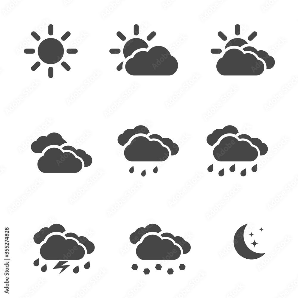 Weather icons set black simple flat symbols isolated on white background. Vector illustration Weather icons set black simple flat symbols isolated on white background. Vector illustration
