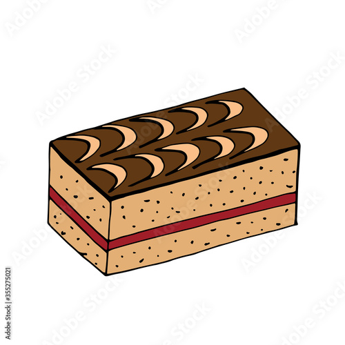 Sponge cake with chocolate, Biscuit  isolated on white background. Sweet dessert. Vector cartoon illustration.	