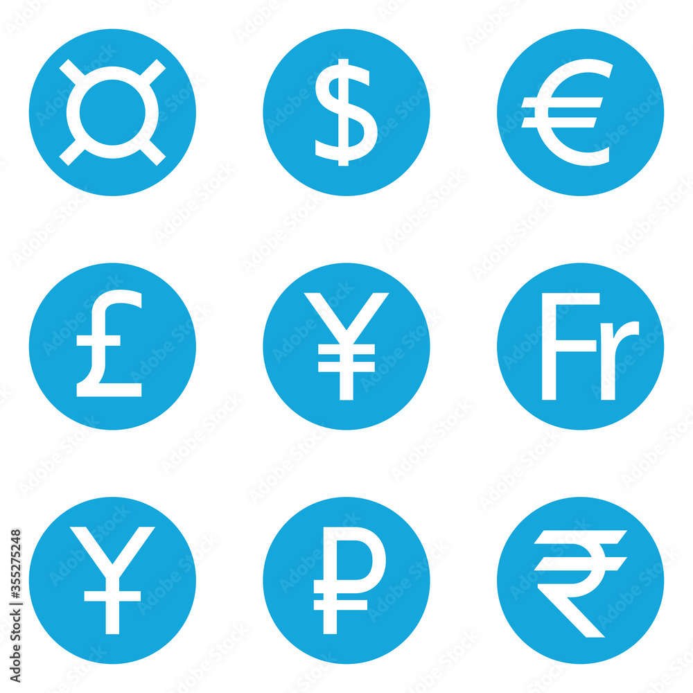World Currency symbols flat solid icons isolated on white background. Dollar, Euro, Pound Sterling, Yen, Yuan, Swiss frank, Ruble, Rupee, Generic currency symbol, Money. World Currency symbols flat solid icons isolated on white background. Dollar, Euro, Pound Sterling, Yen, Yuan, Swiss frank, Ruble, Rupee, Generic currency symbol, Money.