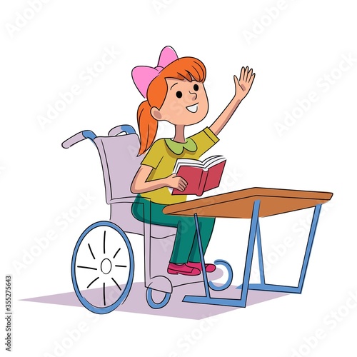 Disable girl in wheelchair study isolated on white