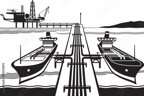 Tankers loading petrol from offshore oil rig - vector illustration