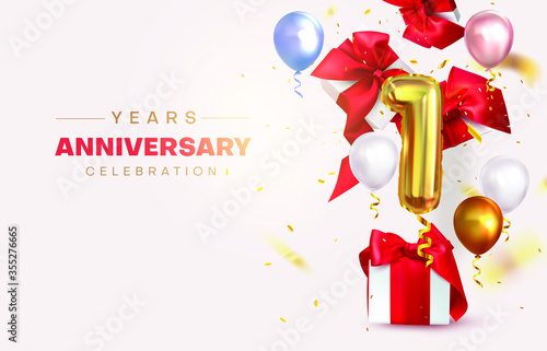 First Anniversary Celebration. Gifts fly, confetti and balloons, number 1. Birthday decorations. Numeric, Birthday balloon. Vector illustration