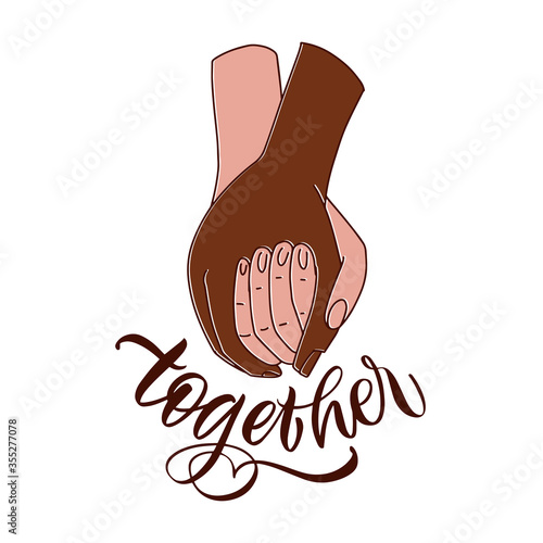 Hand drawn vector lettering Stronger together. Strong team support message for social teamwork campaign or united human rights group. Vector illustration