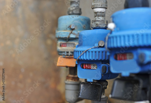 Kuala Lumpur, Selangor, Malaysia - December 21, 2019 : Domestic Outdoor Blue Water Meter System for apartment and condominium use.