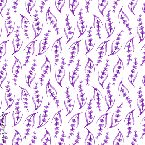 Fototapeta Naklejka Na Ścianę i Meble -  Watercolor seamless pattern of branches of lavender on a white background.