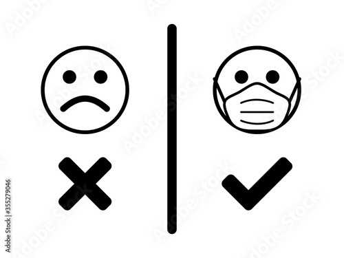 No Face Mask, No Entry Icon with Masked and Unmasked Faces. Vector Image.