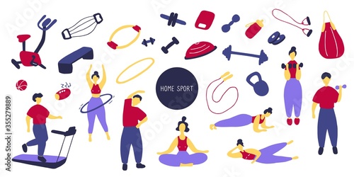 Big sport set. Icons of sports equipment and training people. Workout at home  sport exercises at home. Flat vector graphic