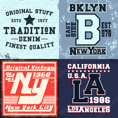 Set of vintage design print for t-shirt stamp, tee applique, fashion typography, badge, label clothing, jeans, and casual wear. Vector illustration