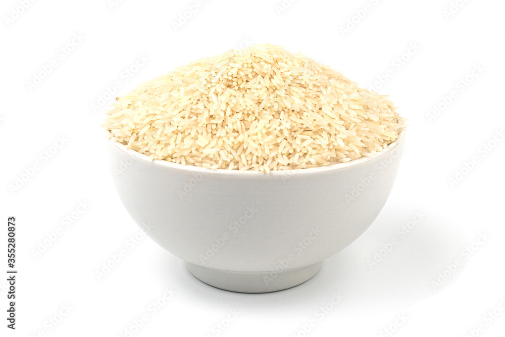 White bowl with a beautiful slide of rice grains White bowl with a beautiful slide of rice grains