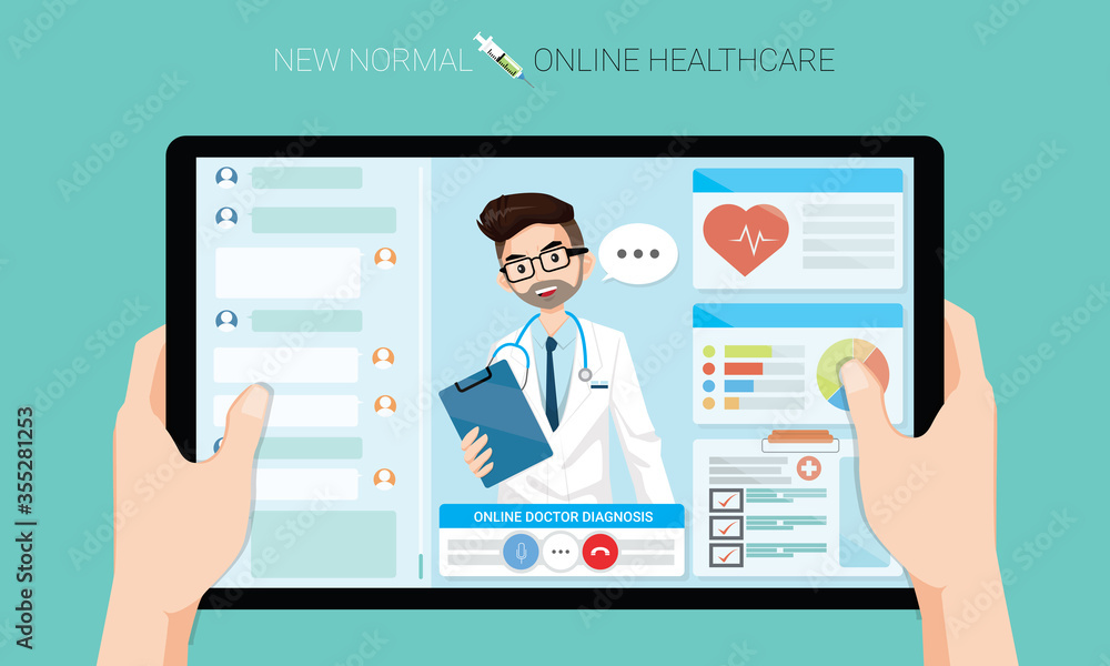 New normal concept and physical distancing, Hands holding tablet to use online healthcare and medical consultation. Doctor video conference with stethoscope. New behavior after Covid-19 pandemic New normal concept and physical distancing, Hands holding tablet to use online healthcare and medical consultation. Doctor video conference with stethoscope. New behavior after Covid-19 pandemic