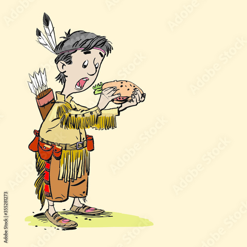 Boy biting into a hamburger. Indian boy about eating sandwich