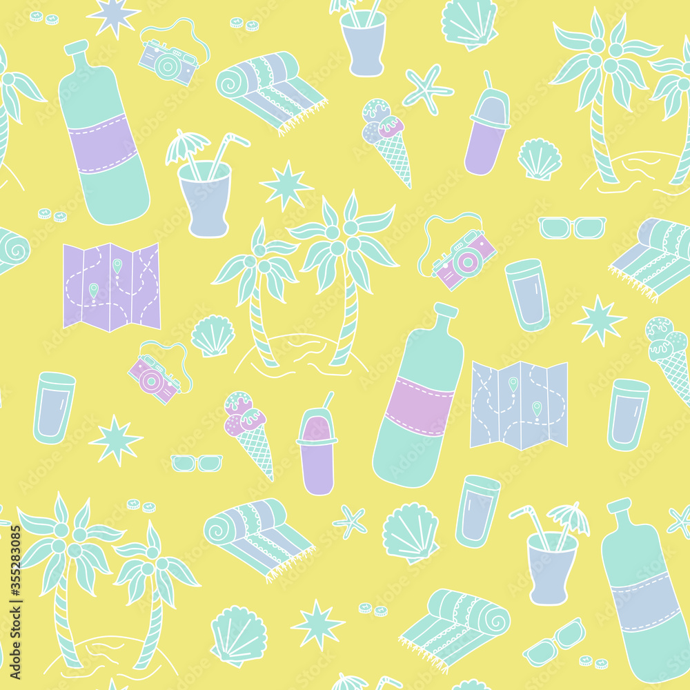 Seamless pattern Yellow background with sea and travel. Cocktail and ice cream, glasses, island with palm trees, a beach towel, stars and a map. Bright packaging, design and printing. Vector seamless Seamless pattern Yellow background with sea and travel. Cocktail and ice cream, glasses, island with palm trees, a beach towel, stars and a map. Bright packaging, design and printing. Vector seamless