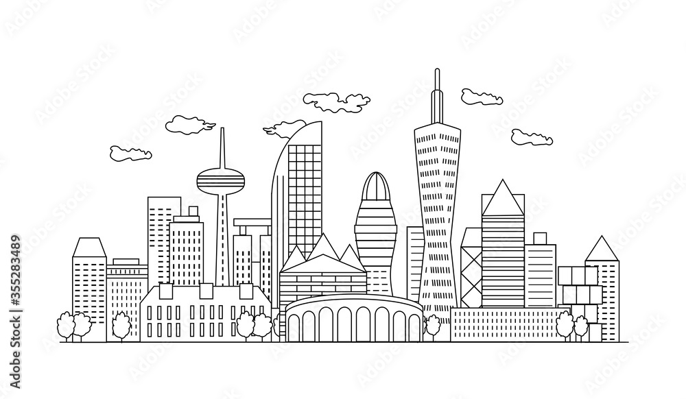 Thin line style modern city landscape. Wide horizontal panorama urban modern city landscape with high skyscrapers. Vector illustration