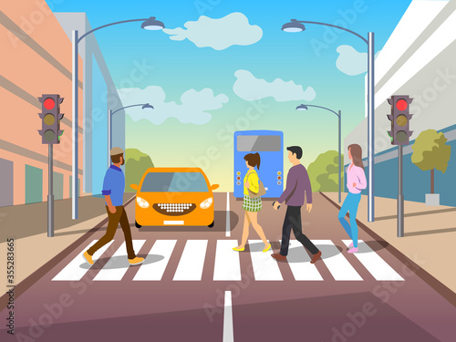 2 Group of people crossing road on crosswalk with traffic lights. Flat vector illustration