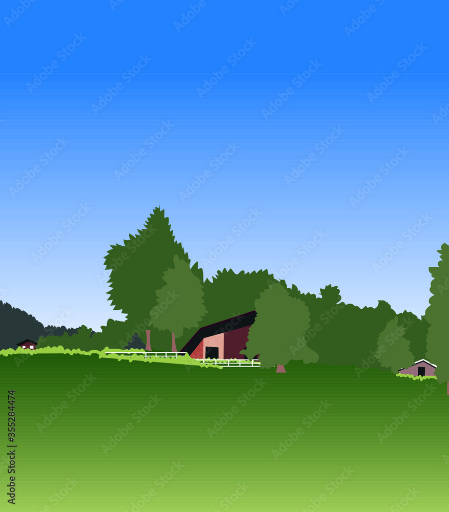Obraz premium vector illustration of peaceful forest house landscape. beautiful view.