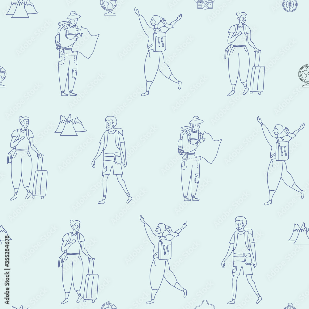 Seamless pattern. Girl and guy are tourists. Mountains, maps, a suitcase on a blue background. Cute packaging, design and print. Vector line illustration. Seamless pattern. Girl and guy are tourists. Mountains, maps, a suitcase on a blue background. Cute packaging, design and print. Vector line illustration.