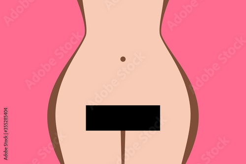 Female figure, woman's hips, black rectangle placed over pubis