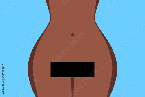 Female figure, woman's hips, black rectangle placed over pubis