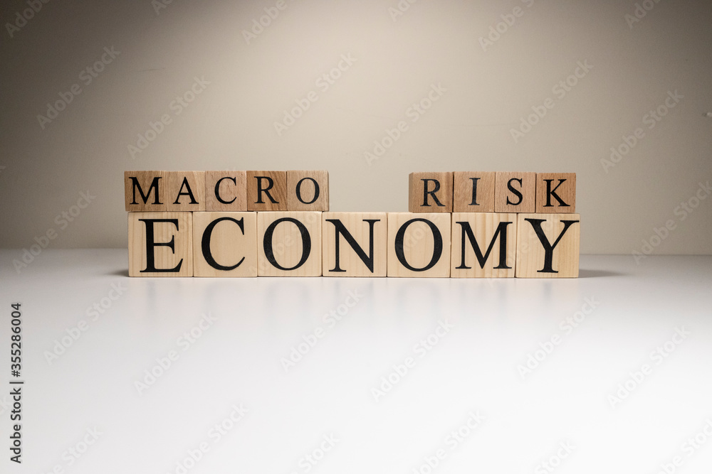 Business concept. Macro, economy, risk words are written with wooden cubes. Business concept. Macro, economy, risk words are written with wooden cubes.