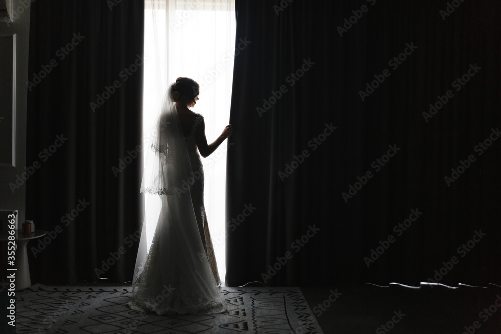 Fototapeta premium Elegant woman in the wedding dress and veil standing near the window. Bride portrait