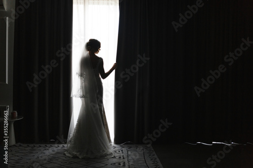 Elegant woman in the wedding dress and veil standing near the window. Bride portrait