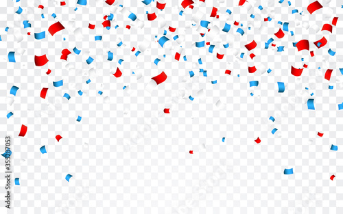 Celebration confetti in national colors of USA. Holiday confetti in US flag colors. 4th July independence day background