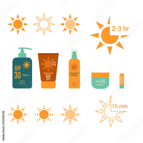 Sun Protection. Time interval sunblock with SPF UVA UVB. Bottle with sunscreen. Lip balm with SPF. Shape of Sun. Vector illustration. White Isolated.