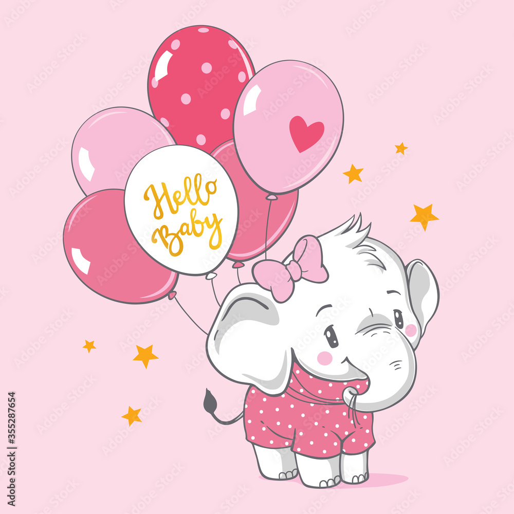 Vector hand drawn illustration of a cute baby elephant with pink ...