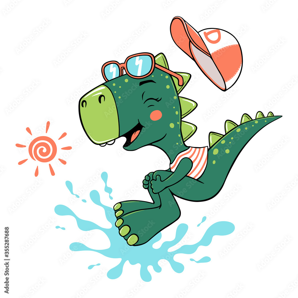 Vector cartoon illustration of a cute dinosaur with sunglasses jumping in  the water. Stock Vector