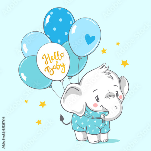 Vector hand drawn illustration of a cute baby elephant with blue balloons.