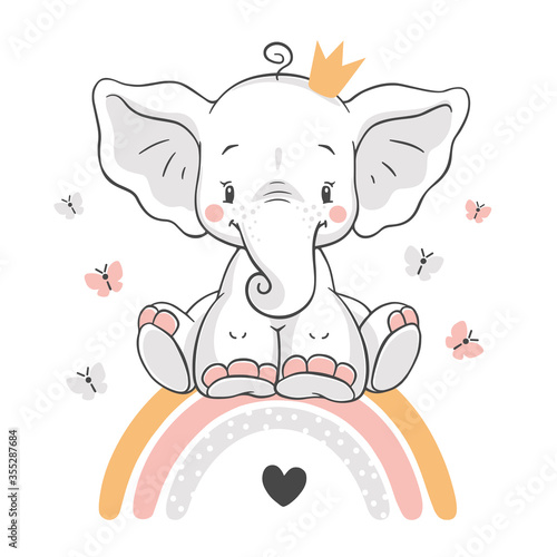 Vector illustration of a cute baby elephant, sitting on a rainbow.