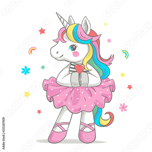 Vector illustration of a cute unicorn ballerina in a pink tutu and pointe shoes.