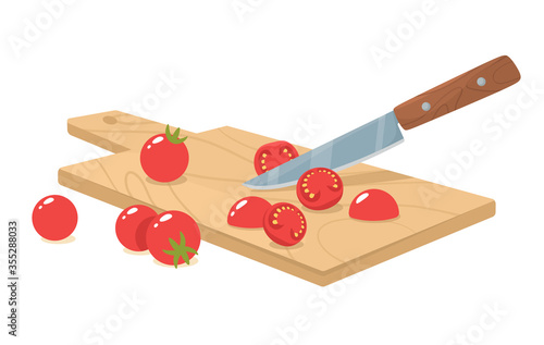 Slicing cherry tomatoes with a knife. Manual chopping and grinding of organic ingredients. Vector illustration in flat style.