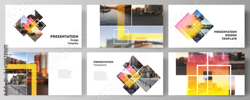 The minimalistic abstract vector illustration of the editable layout of the presentation slides design business templates. Creative trendy style mockups, blue color trendy design backgrounds.