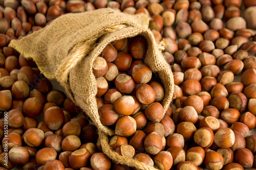 Luxury,big size,new crop Turkish Hazelnuts in jute sack on the other hazelnuts.Close up taken,fulled frame with nuts.