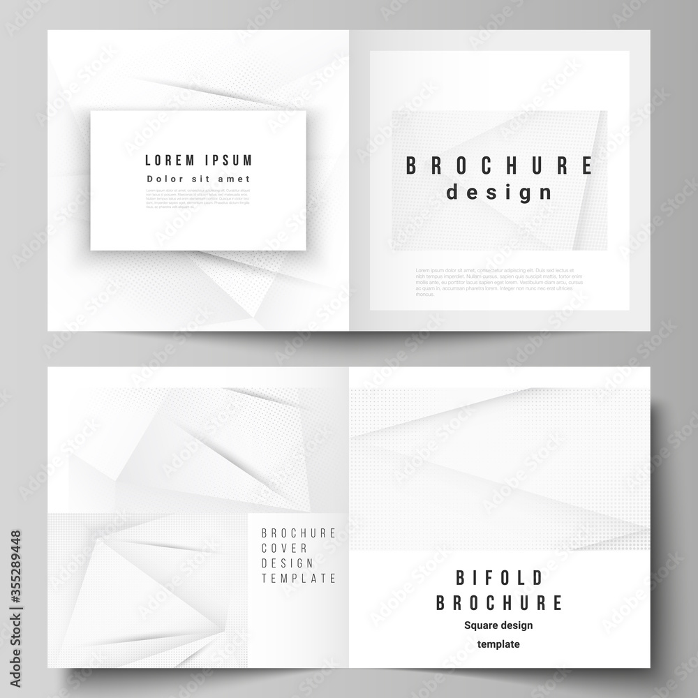 Vector layout of two covers templates for square design bifold brochure, flyer, cover design, book design, brochure cover. Halftone dotted background with gray dots, abstract gradient background. Vector layout of two covers templates for square design bifold brochure, flyer, cover design, book design, brochure cover. Halftone dotted background with gray dots, abstract gradient background.