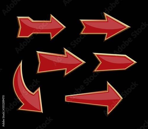Set of red volumetric directional arrows on a black background. Arrow pointers set. Vector illustration