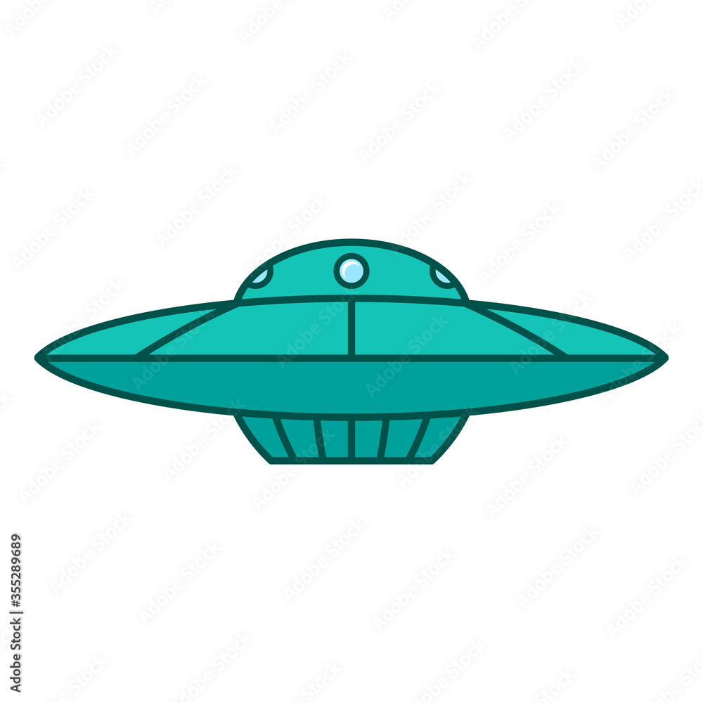UFO icon. Colored cartoon flying saucer. Vertical view. Vector flat graphic illustration. Isolated object on a white background. Isolate. UFO icon. Colored cartoon flying saucer. Vertical view. Vector flat graphic illustration. Isolated object on a white background. Isolate.