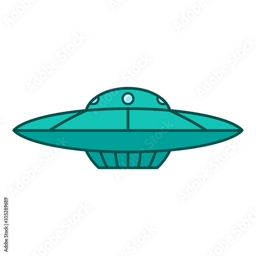 UFO icon. Colored cartoon flying saucer. Vertical view. Vector flat graphic illustration. Isolated object on a white background. Isolate.