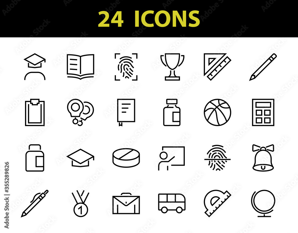 A simple set of school items. Contains icons such as student, award, geography, physical education, geometry and more. On white background. Editable stroke. 480x480 A simple set of school items. Contains icons such as student, award, geography, physical education, geometry and more. On white background. Editable stroke. 480x480