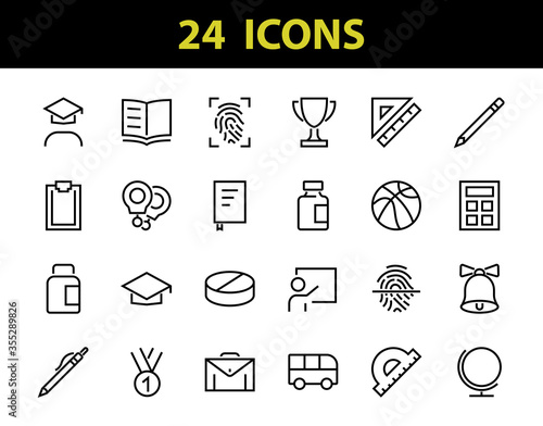 A simple set of school items. Contains icons such as student, award, geography, physical education, geometry and more. On white background. Editable stroke. 480x480