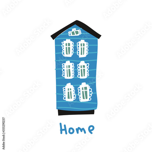 House flat illustration on isoated background. The building is in the Scandinavian style. Wooden house with white Windows. The icon structure. The concept of comfort, housing. Postcard. Vector.