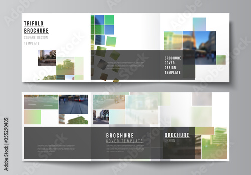 Vector layout of square format covers design templates for trifold brochure, flyer, cover design, book design, brochure cover. Abstract project with clipping mask green squares for your photo.