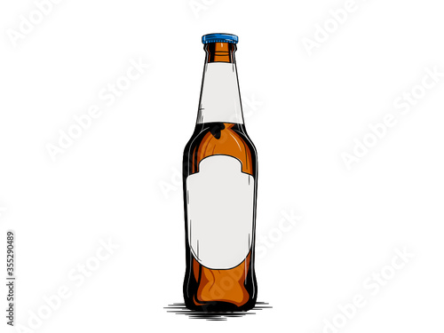 Vintage unbranded beer bottle color vector illustration with ink effect and outlines.