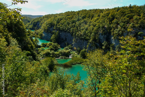 Plitvice Lakes National Park  Croatia. Nacionalni park Plitvicka Jezera  one of the oldest and largest national parks. UNESCO World Heritage. View from above on turquoise lakes in rock valley.