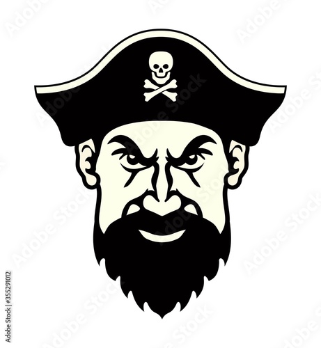 vector symbol of pirate face with beard and black hat with scull